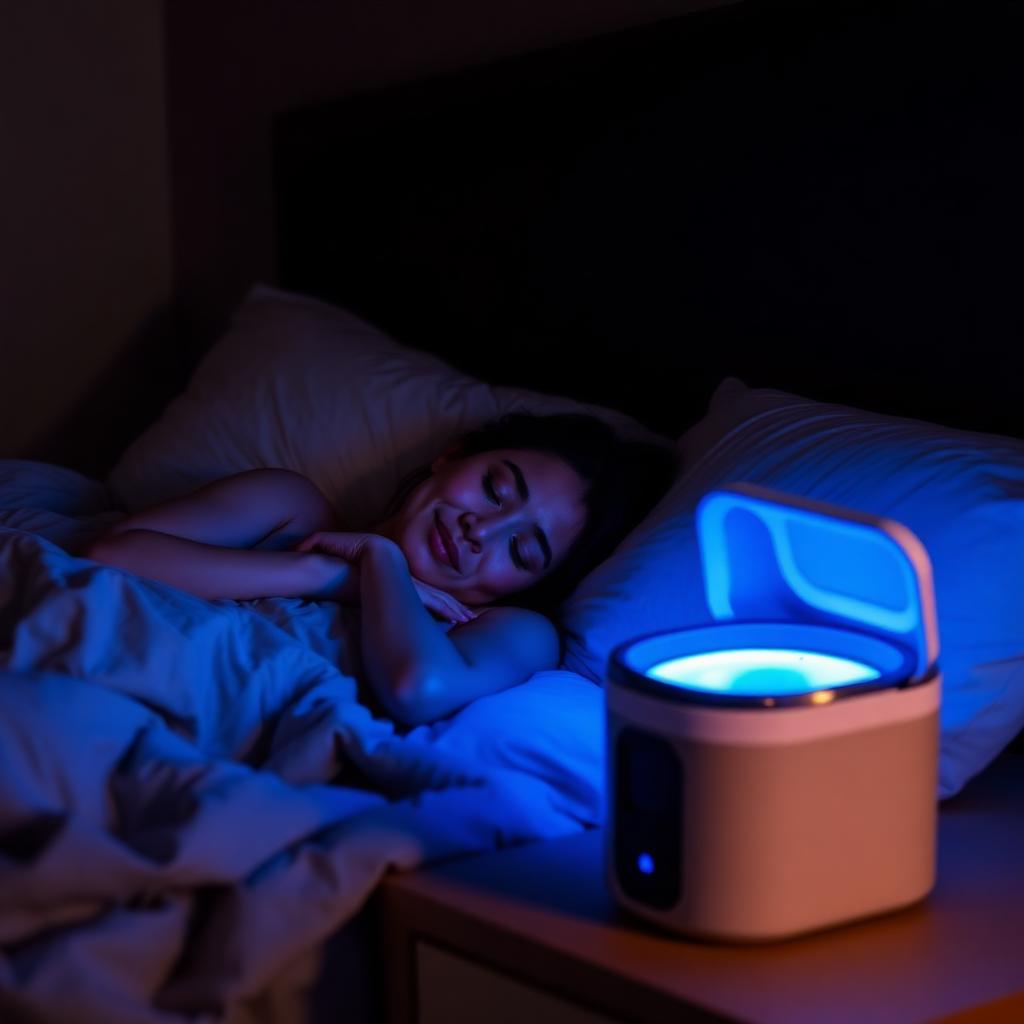 Femme dormant paisiblement avec le Savi Chill allumé sur la table de nuit
